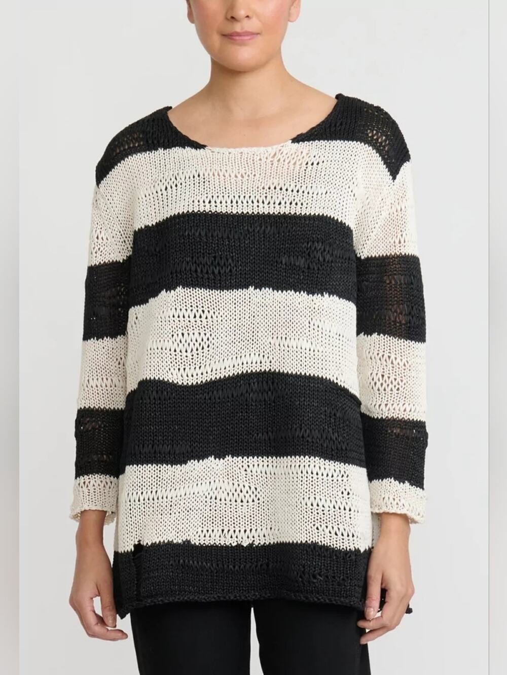 RUNDHOLZ Striped Long Sleeve Multi-Knit Sweater in Black and White Size S